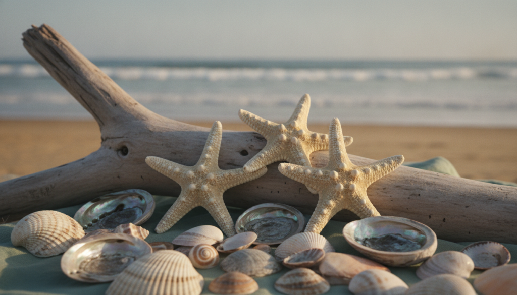 Easy driftwood wall hanging DIY for a coastal living room featuring seashells, starfish, and a piece of driftwood arranged on a sandy beach with ocean waves and a clear sky in the background.