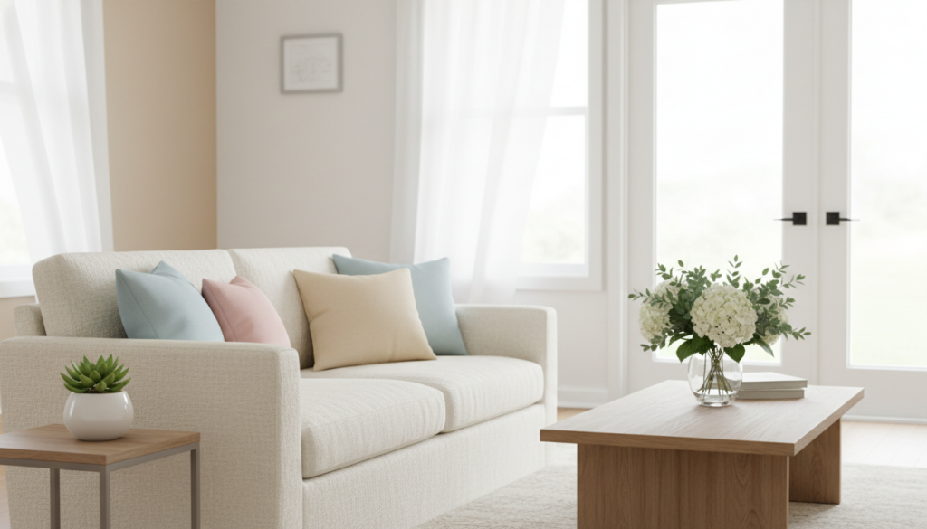 Minimalist summer decor featuring a bright living room with a light beige sofa, pastel throw pillows, a wooden coffee table with a glass vase of white hydrangeas, stacked books, a small side table with a succulent, large windows with sheer curtains, and abundant natural light.