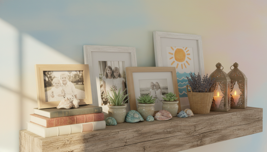 Simple summer mantle decor ideas featuring a rustic wooden shelf decorated with framed photos, a sun‑and‑waves drawing, small lanterns with candles, a wicker basket with lavender, potted succulents, seashells, and stacked books in soft natural light.
