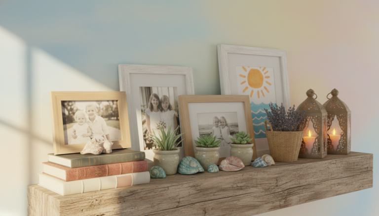 Simple summer mantle decor ideas featuring a rustic wooden shelf decorated with framed photos, a sun‑and‑waves drawing, small lanterns with candles, a wicker basket with lavender, potted succulents, seashells, and stacked books in soft natural light.