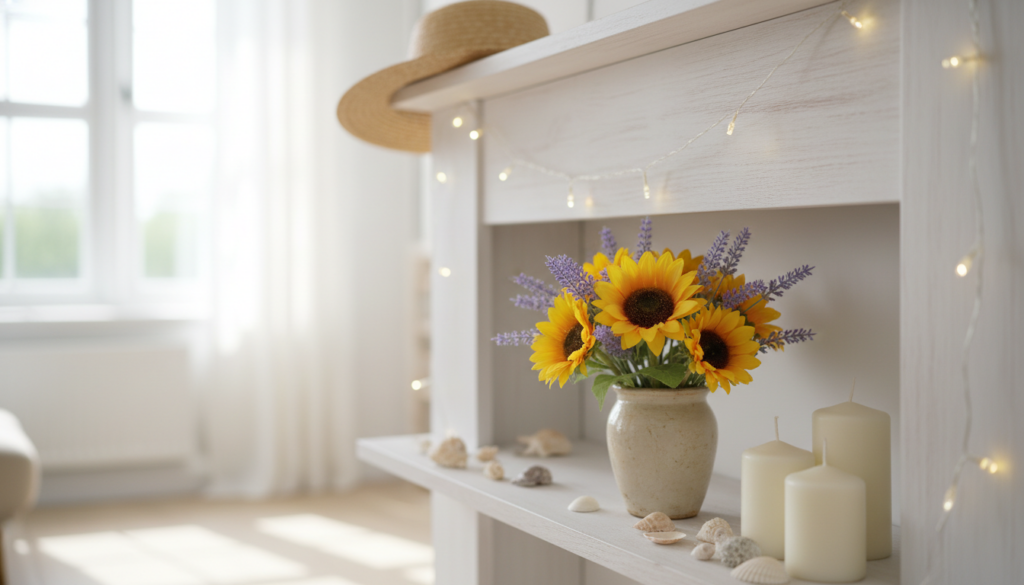 Simple summer mantle decor ideas featuring a white wooden shelf decorated with a beige ceramic vase of sunflowers and lavender, seashells, cream pillar candles, a straw hat, and warm fairy lights with sunlight coming through sheer curtains.