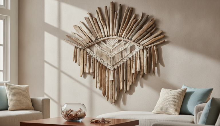 Easy driftwood wall hanging DIY for a coastal living room featuring a large driftwood and macramé wall piece arranged in a fan‑like pattern above two light sofas with textured pillows, a wooden coffee table with a bowl of seashells, and soft sunlight filling the neutral space.